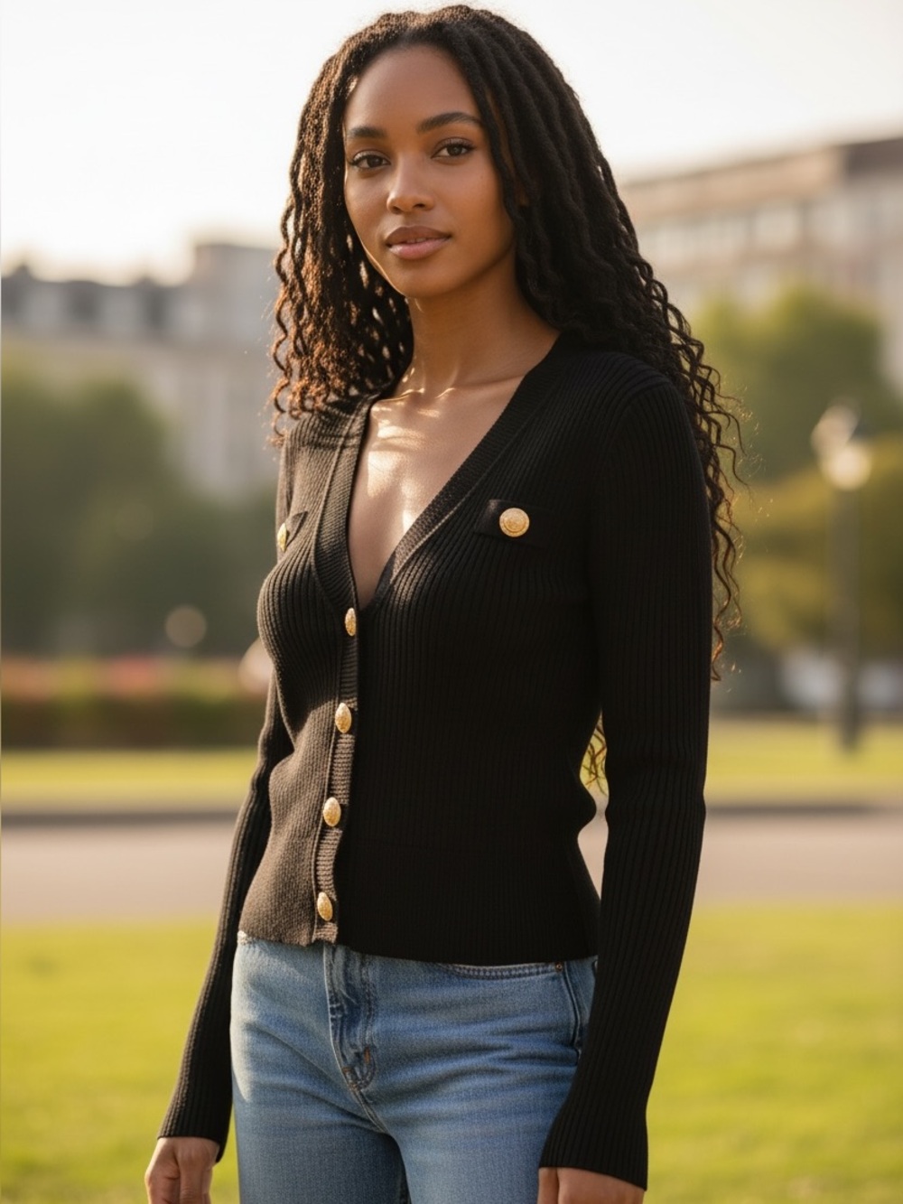 Balmain Black Ribbed V-Neck Cardigan with Gold Buttons
